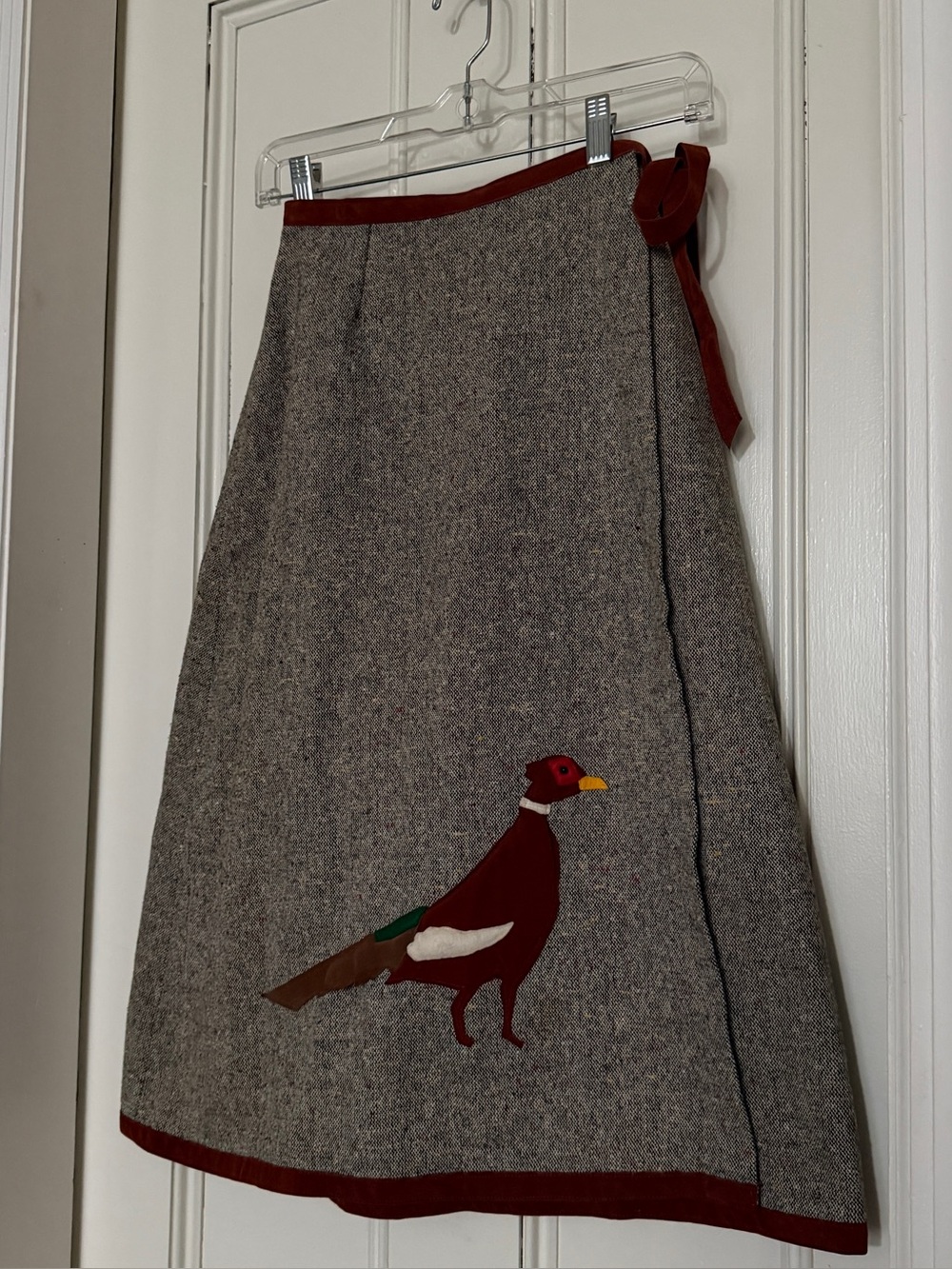 Wool Blend Gray Pheasant Applique Wrap Skirt with Mahogany Trim
